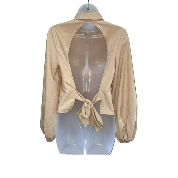 Pretty Little Things Sand Woven Open Back Tie Long Sleeve Shirt Size 4 - Picture 6 of 9